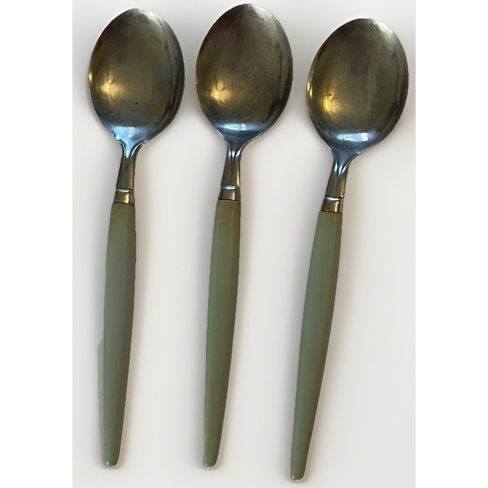 Vintage Castle Stainless Flatware Green Handle MCM 3‎ Teaspoons